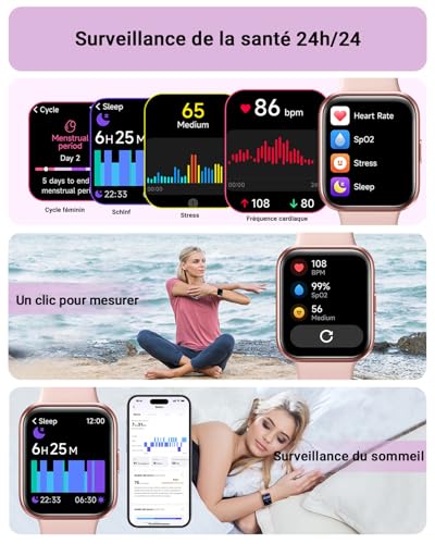 Montre Connectée Femme, 1,85" Homme Smartwatch pour Samsung iPhone Android, Alexa intégrée 3ATM 100+ Modes Sportifs Moniteur de SpO2/Sommeil/Fréquence Cardiaque/Podometre/Calories Rose – Image 5