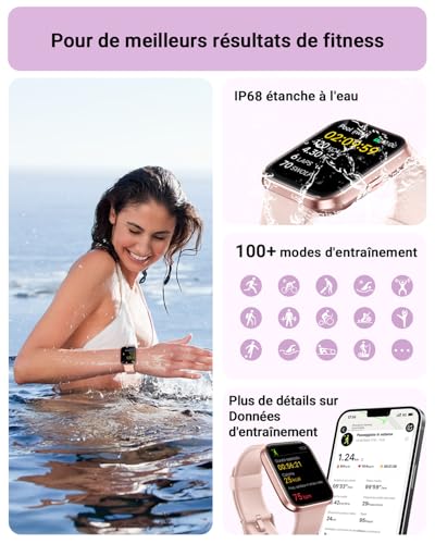 Montre Connectée Femme, 1,85" Homme Smartwatch pour Samsung iPhone Android, Alexa intégrée 3ATM 100+ Modes Sportifs Moniteur de SpO2/Sommeil/Fréquence Cardiaque/Podometre/Calories Rose – Image 6