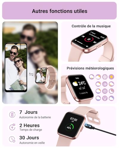 Montre Connectée Femme, 1,85" Homme Smartwatch pour Samsung iPhone Android, Alexa intégrée 3ATM 100+ Modes Sportifs Moniteur de SpO2/Sommeil/Fréquence Cardiaque/Podometre/Calories Rose – Image 7