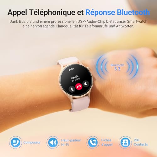 Montre Connectée Femme Homme avec Appel Bluetooth- 1,32" Smartwatch AMOLED pour Android iOS, Montre de Sport Podometre avec 110+ Sports & 3ATM Bracelet Fitness avec Moniteur Sommeil/ SpO2- Rose – Image 3