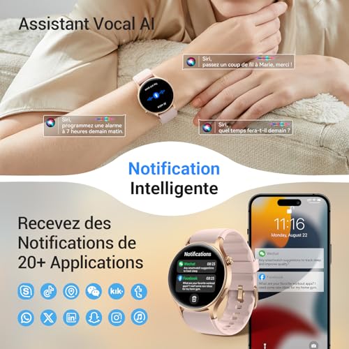 Montre Connectée Femme Homme avec Appel Bluetooth- 1,32" Smartwatch AMOLED pour Android iOS, Montre de Sport Podometre avec 110+ Sports & 3ATM Bracelet Fitness avec Moniteur Sommeil/ SpO2- Rose – Image 4