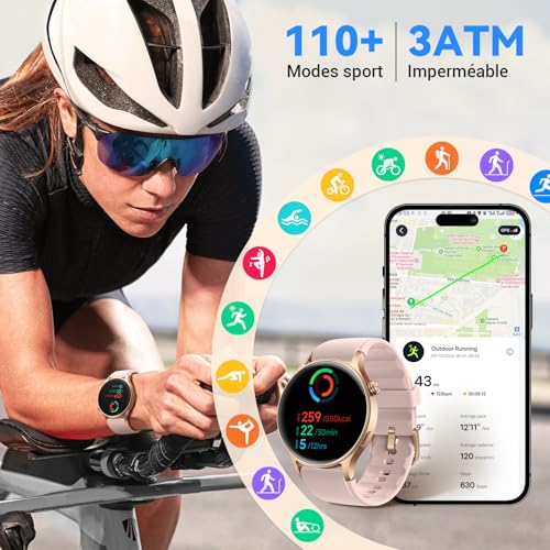 Montre Connectée Femme Homme avec Appel Bluetooth- 1,32" Smartwatch AMOLED pour Android iOS, Montre de Sport Podometre avec 110+ Sports & 3ATM Bracelet Fitness avec Moniteur Sommeil/ SpO2- Rose – Image 6