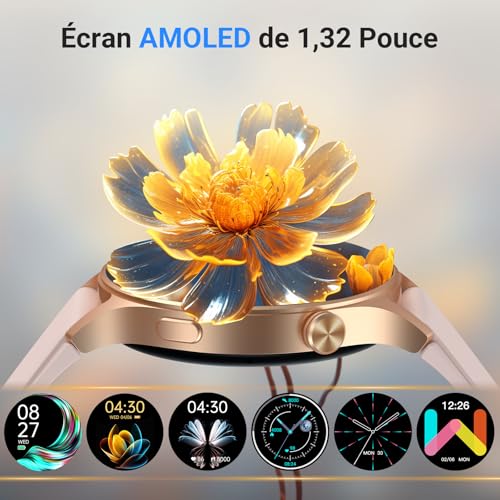 Montre Connectée Femme Homme avec Appel Bluetooth- 1,32" Smartwatch AMOLED pour Android iOS, Montre de Sport Podometre avec 110+ Sports & 3ATM Bracelet Fitness avec Moniteur Sommeil/ SpO2- Rose – Image 7