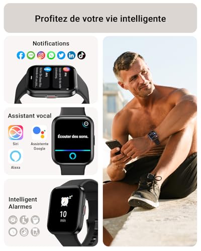Montre Connectée Homme, 1,85" Femme Smartwatch pour Samsung iPhone Android, Alexa intégrée 3ATM 100+ Modes Sportifs Moniteur de SpO2/Sommeil/Fréquence Cardiaque/Podometre/Calories Noir – Image 4