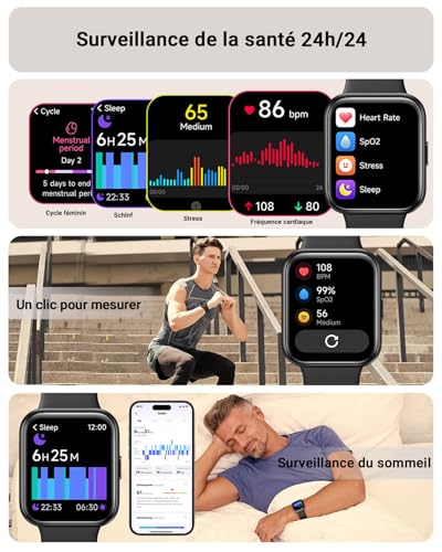 Montre Connectée Homme, 1,85" Femme Smartwatch pour Samsung iPhone Android, Alexa intégrée 3ATM 100+ Modes Sportifs Moniteur de SpO2/Sommeil/Fréquence Cardiaque/Podometre/Calories Noir – Image 5