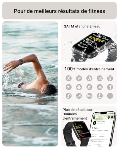 Montre Connectée Homme, 1,85" Femme Smartwatch pour Samsung iPhone Android, Alexa intégrée 3ATM 100+ Modes Sportifs Moniteur de SpO2/Sommeil/Fréquence Cardiaque/Podometre/Calories Noir – Image 6