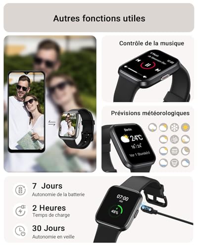 Montre Connectée Homme, 1,85" Femme Smartwatch pour Samsung iPhone Android, Alexa intégrée 3ATM 100+ Modes Sportifs Moniteur de SpO2/Sommeil/Fréquence Cardiaque/Podometre/Calories Noir – Image 7