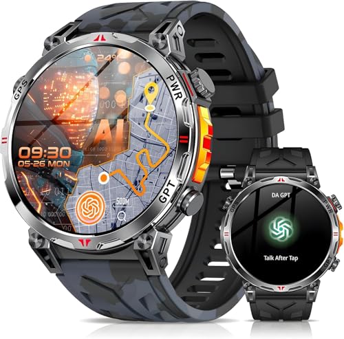 Montre Intelligente Militaire avec GPS/Boussole, Montre Intelligente avec Assistant Vocal GPT, écran AMOLED de 1,56 po pour Hommes, Compatible avec Android et iOS (Bluetooth) (Noir) – Image 2