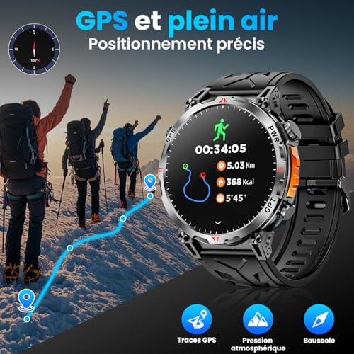 Montre Intelligente Militaire avec GPS/Boussole, Montre Intelligente avec Assistant Vocal GPT, écran AMOLED de 1,56 po pour Hommes, Compatible avec Android et iOS (Bluetooth) (Noir) – Image 3