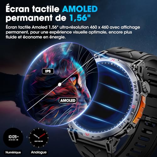 Montre Intelligente Militaire avec GPS/Boussole, Montre Intelligente avec Assistant Vocal GPT, écran AMOLED de 1,56 po pour Hommes, Compatible avec Android et iOS (Bluetooth) (Noir) – Image 5