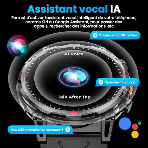 Montre Intelligente Militaire avec GPS/Boussole, Montre Intelligente avec Assistant Vocal GPT, écran AMOLED de 1,56 po pour Hommes, Compatible avec Android et iOS (Bluetooth) (Noir) – Image 7