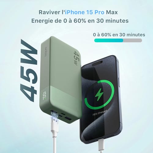 Nobis Batterie Externe 20000mAh Power Bank 45W Chargeur Externe Portable USB-C in & Out Charge Rapide, 4 Ports avec Affichage Numérique LED, Compatible avec MacBook, Phone 15 14 13 Pro S23 (Vert) – Image 3