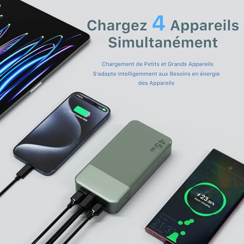 Nobis Batterie Externe 20000mAh Power Bank 45W Chargeur Externe Portable USB-C in & Out Charge Rapide, 4 Ports avec Affichage Numérique LED, Compatible avec MacBook, Phone 15 14 13 Pro S23 (Vert) – Image 5
