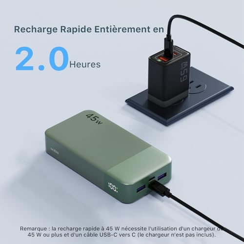 Nobis Batterie Externe 20000mAh Power Bank 45W Chargeur Externe Portable USB-C in & Out Charge Rapide, 4 Ports avec Affichage Numérique LED, Compatible avec MacBook, Phone 15 14 13 Pro S23 (Vert) – Image 6