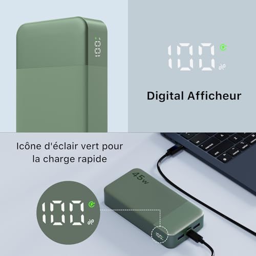 Nobis Batterie Externe 20000mAh Power Bank 45W Chargeur Externe Portable USB-C in & Out Charge Rapide, 4 Ports avec Affichage Numérique LED, Compatible avec MacBook, Phone 15 14 13 Pro S23 (Vert) – Image 7