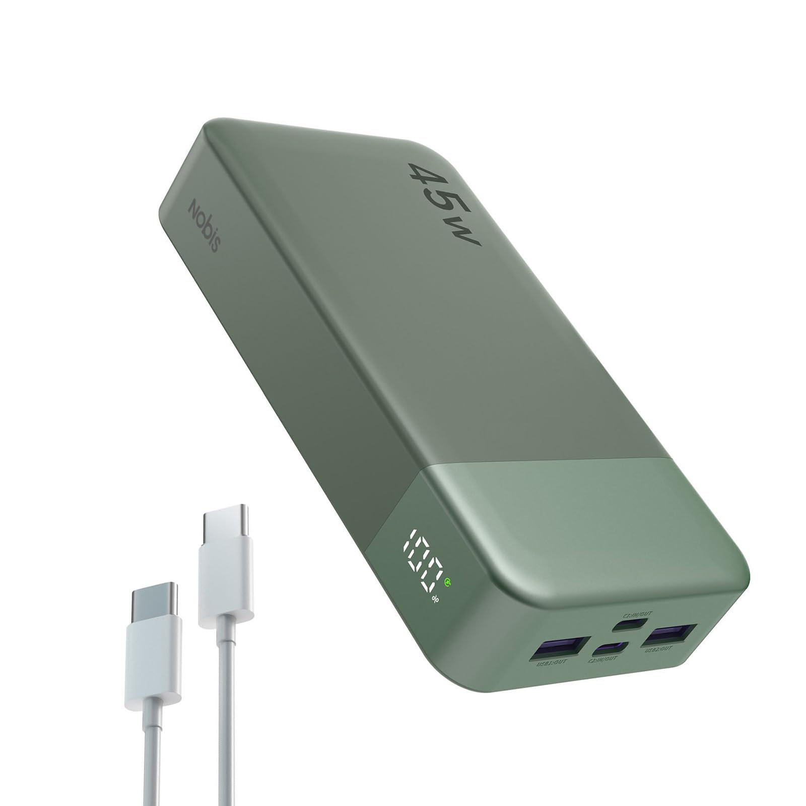 Nobis Batterie Externe 20000mAh Power Bank 45W Chargeur Externe Portable USB-C in & Out Charge Rapide, 4 Ports avec Affichage Numérique LED, Compatible avec MacBook, Phone 15 14 13 Pro S23 (Vert)