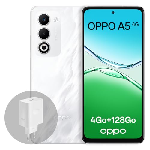 OPPO A5 4G 4Go RAM + 128Go ROM, Smartphone débloqué avec IA, écran 6,67 Pouces 90 Hz, Appareil Photo 50 Mpx avec autofocus, Batterie 6000 mAh, IP65, Mist White (Chargeur SUPERVOOC 45 W Inclus) – Image 2