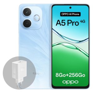 OPPO A5 Pro 4G 8Go RAM + 256Go ROM, Smartphone débloqué avec IA, écran 6,67 Pouces 90 Hz, Appareil Photo 50 Mpx avec autofocus, Batterie 5800 mAh, IP69, Feather Blue (Chargeur SUPERVOOC 45 W Inclus)
