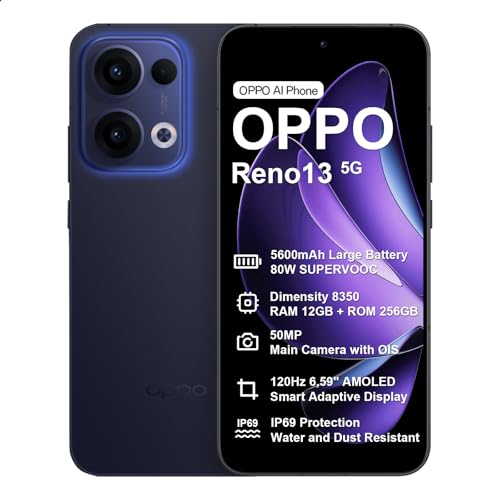 OPPO Reno13 5G 12+256Go, IA Smartphone Android Débloqué, Téléphone Portable, Dimensity 8350 5G, Écran 120Hz 6,59" AMOLED, SUPERVOOC 80W, Batterie 5600mAh, IP69, Caméra AI 50MP, Vidéo 4K, NFC, Bleu – Image 2
