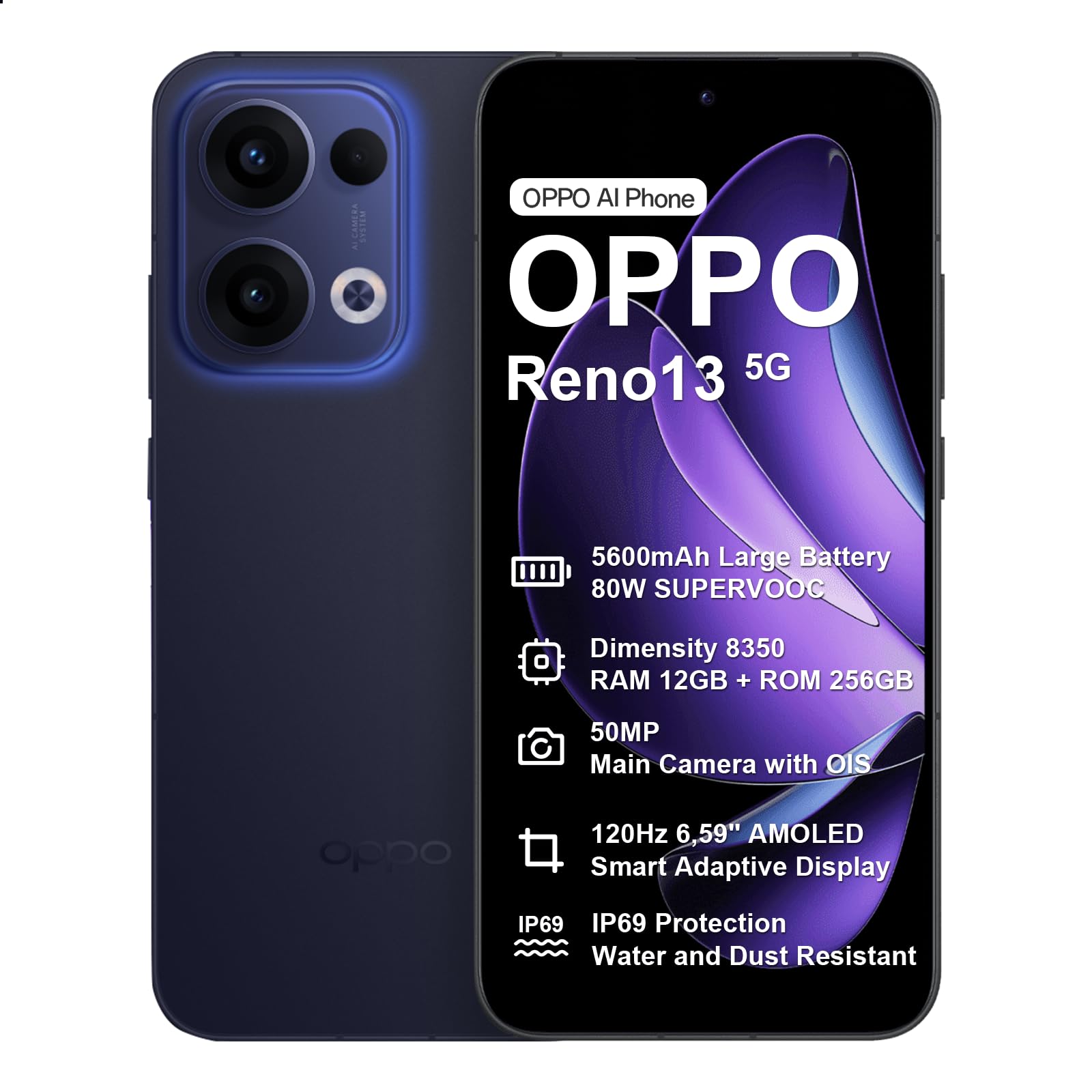 OPPO Reno13 5G 12+256Go, IA Smartphone Android Débloqué, Téléphone Portable, Dimensity 8350 5G, Écran 120Hz 6,59" AMOLED, SUPERVOOC 80W, Batterie 5600mAh, IP69, Caméra AI 50MP, Vidéo 4K, NFC, Bleu