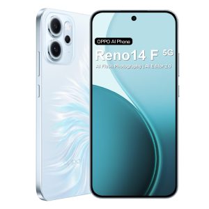 OPPO Reno14 F 5G IA Smartphone Android Débloqué, 8+256Go Téléphone, Snapdragon 6 Gen 1, Écran AMOLED 120Hz 6,57", Caméra AI 50MP, Batterie 6000mAh, SUPERVOOC 45W, Résistance IP69, NFC, Dual SIM, Bleu