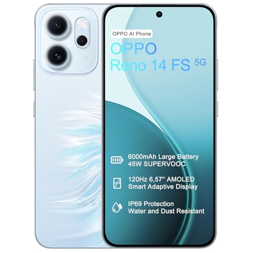 OPPO Reno14 FS 5G 12+512Go Téléphone, IA Smartphone Android Débloqué, Écran 120Hz 6,57" AMOLED, Caméra 50MP, Batterie 6000mAh, SUPERVOOC 45W, Snapdragon 6 Gen 1, IP69, Vidéo 4K, NFC, Dual SIM, Bleu – Image 2