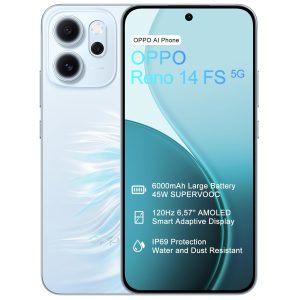 OPPO Reno14 FS 5G 12+512Go Téléphone, IA Smartphone Android Débloqué, Écran 120Hz 6,57" AMOLED, Caméra 50MP, Batterie 6000mAh, SUPERVOOC 45W, Snapdragon 6 Gen 1, IP69, Vidéo 4K, NFC, Dual SIM, Bleu