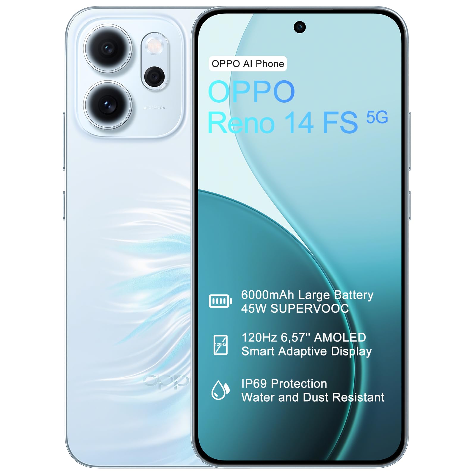OPPO Reno14 FS 5G 12+512Go Téléphone, IA Smartphone Android Débloqué, Écran 120Hz 6,57" AMOLED, Caméra 50MP, Batterie 6000mAh, SUPERVOOC 45W, Snapdragon 6 Gen 1, IP69, Vidéo 4K, NFC, Dual SIM, Bleu