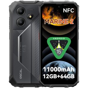 OSCAL Marine 2 Telephone Incassable 2025 Android 15, 11000mAh Telephone Portable Incassable, IP69K, 12GB+64GB/2To, 6,56" HD+ 90Hz, 16MP+8MP, 4G Dual SIM/Gemini AI 2.0/NFC/5G WiFi/GPS/2Ans Garantie