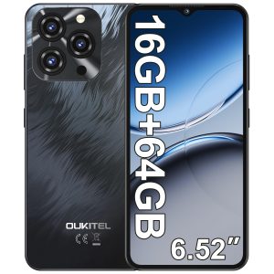 OUKITEL C3 Telephone Portable Pas Cher - 16(4+12) Go + 64Go/1To Smartphone Pas Cher, 5000mAh Téléphone Android 14, Écran 6.52" Smartphones, 13MP+5MP, 4G Dual SIM/Face ID/GPS/3.5mm/Type-C - Noir