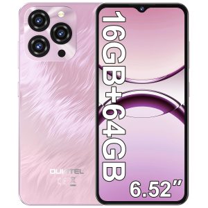 OUKITEL C3 Telephone Portable Pas Cher, 16(4+12) Go + 64Go/TF 1To Smartphone Pas Cher, 6.52" Écran, 5000mAh Téléphone Android 14, 13MP+5MP Smartphone Débloqué, 4G Dual SIM/Face ID/GPS/3.5mm - Rose