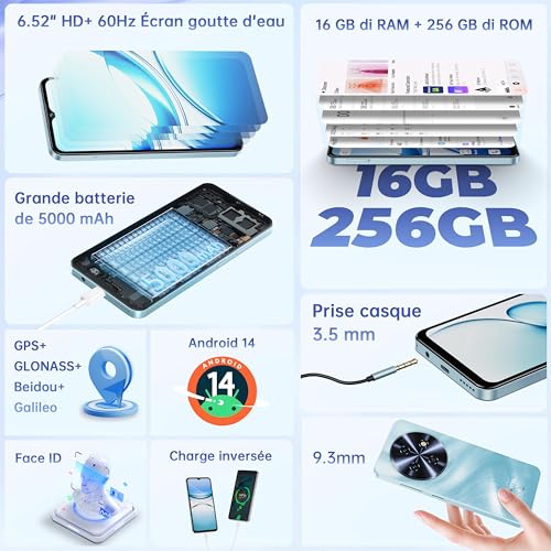 OUKITEL C5 Telephone Portable Pas Cher, 16 Go RAM + 256 Go ROM / 1 to TF, Smartphone Pas Cher écran HD+ de 6.52", téléphone débloqué, Batterie de 5000 mAh, 13 MP + 5 MP, Double SIM, GPS, OTG, Noir – Image 3