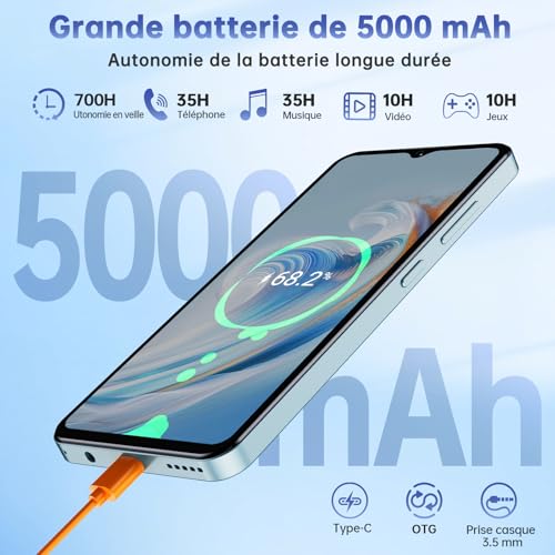 OUKITEL C5 Telephone Portable Pas Cher, 16 Go RAM + 256 Go ROM / 1 to TF, Smartphone Pas Cher écran HD+ de 6.52", téléphone débloqué, Batterie de 5000 mAh, 13 MP + 5 MP, Double SIM, GPS, OTG, Noir – Image 6