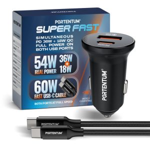PORTENTUM Allume Cigare 54W + 60W Cable Rapide – Double Charger Voiture simultané réel – USBC PD 36W + USBA QC 18W – Prise Allume Cigare 12V pour iPhone iPad Android Smartphone