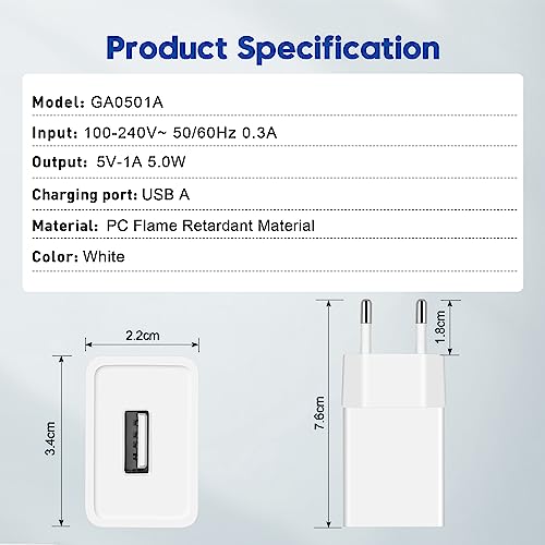 Prise USB 5V1A et Câble USB Type-C, Embout Chargeur USB 5W, Adaptateur Secteur pour Téléphones Portables, Tablettes, Powerbanks, Ecouteurs Bluetooth et Autres Appareils avec Interface USB-C – Image 7