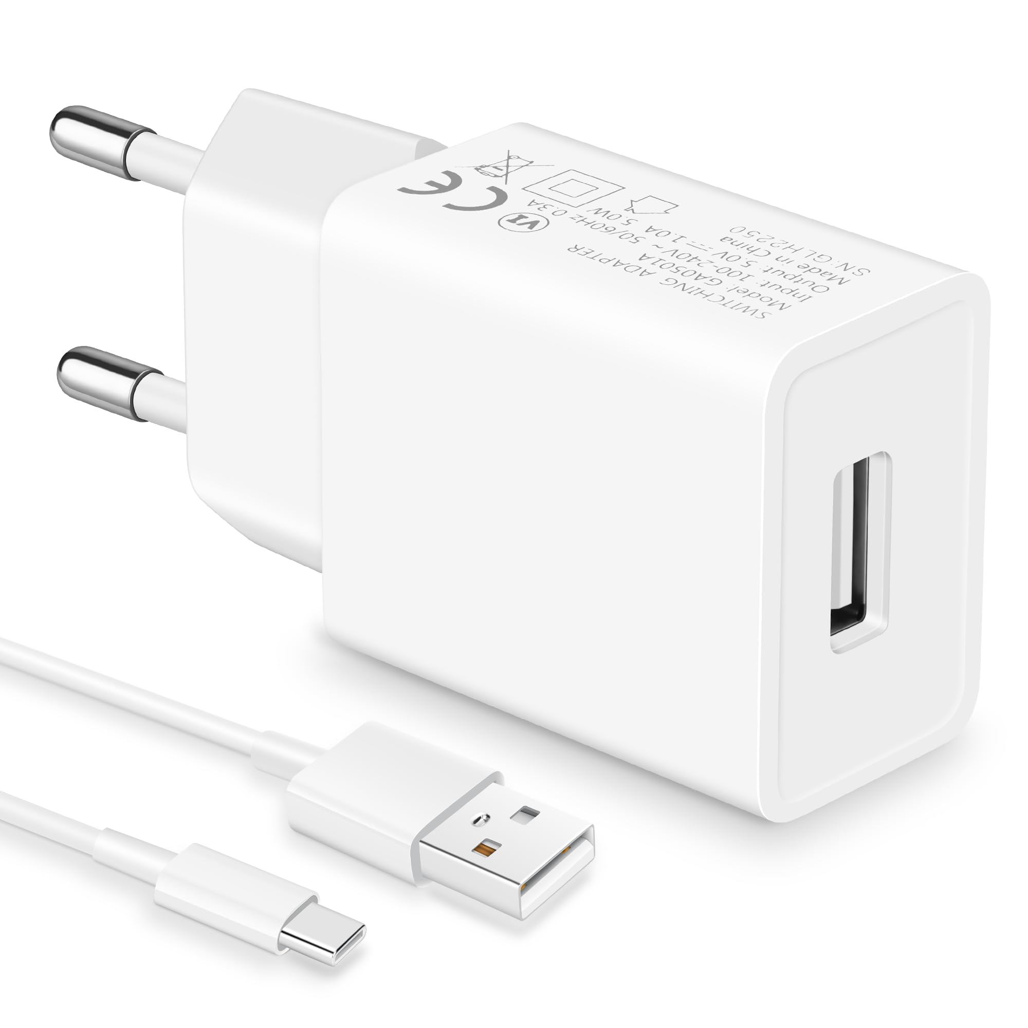 Prise USB 5V1A et Câble USB Type-C, Embout Chargeur USB 5W, Adaptateur Secteur pour Téléphones Portables, Tablettes, Powerbanks, Ecouteurs Bluetooth et Autres Appareils avec Interface USB-C
