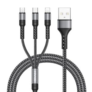 RAVIAD Câble Multi USB, 3 en 1 Câble Universel [1.2M] Multi USB Câble de Chargement en Nylon avec Micro USB Type C Lightning Câble pour iPhone, Samsung Galaxy S23, Huawei, Honor, OnePlus- Gris