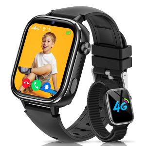 RUXINGX Montre Connectée Enfant GPS, 4G Montre Intelligente avec Carte Sim/SOS/Mode Classe/Appels Vidéo/Chat Vocal/Téléphone/Podomètre/Réveil/Jeux, IP68 Étanche Smartwatch pour Garçons Filles, Noir