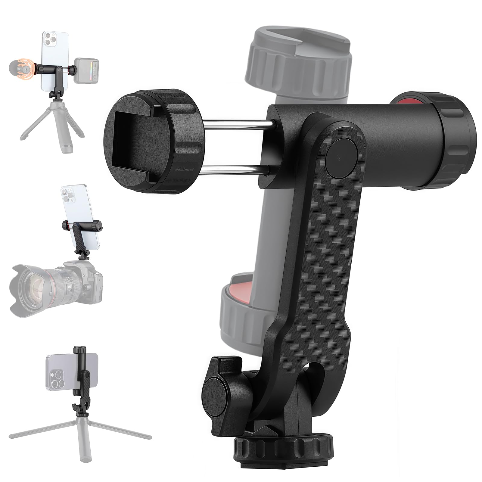 Support Téléphone Trépied avec Double Griffe, Adaptateur Trépied Smartphone à Filetage 1/4", Support Téléphone Appareil Photo Pivotant à 360° et 180°, pour iPhone, Samsung