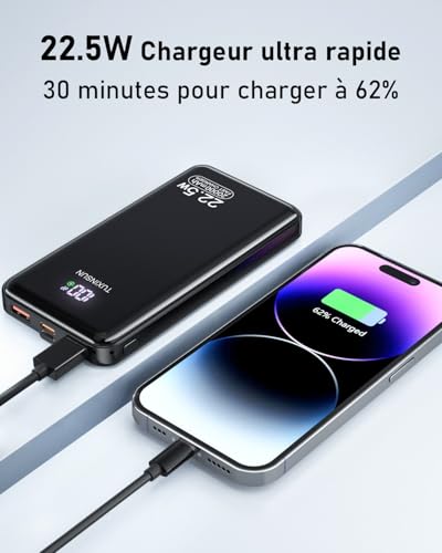 TUXINSUN Batterie Externe 20000mAh Power Bank 22.5W PD3.0 QC4.0 Charge Rapide, Plein Écran LCD USB C Entrée & Sortie Compatible avec iPhone 16 15 Pro Max Samsung iPad – Image 4