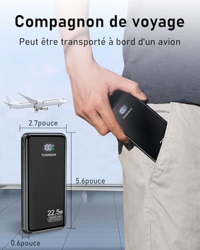 TUXINSUN Batterie Externe 20000mAh Power Bank 22.5W PD3.0 QC4.0 Charge Rapide, Plein Écran LCD USB C Entrée & Sortie Compatible avec iPhone 16 15 Pro Max Samsung iPad – Image 7