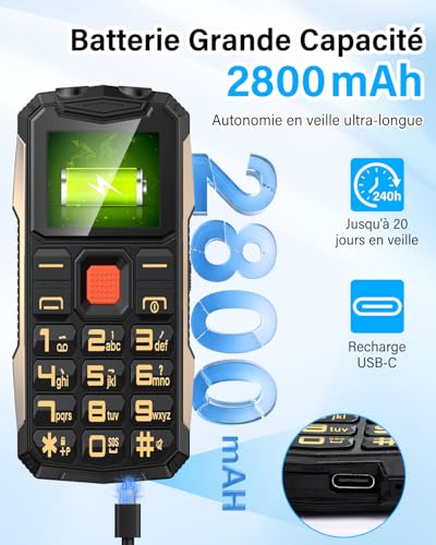 Telephone Portable Senior avec Grandes Touches, 2800mAh Batterie, 2G Double SIM, 2.4" LCD Écran, Téléphone Portable Personnes âgées avec SOS Fonction, Volume Élevé, Lampe De Poche (Noir) – Image 6