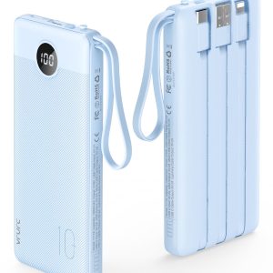 VRURC Batterie Externe 10000mAh Câble intégré Power Bank USB C 2.4A et 5 Sorties Ultra Mince Batterie Portable avec l’Ecran LED pour iPhone,Samsung,Huawei Veste Chauffante