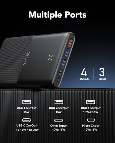 VRURC Batterie Externe 30000mAh USB C Power Bank Haute Capacité Charge Rapide 22.5W Compact Batterie Portable avec 4 Sorties et 3 Entrées Compatible avec Téléphone iPhone Samsung Tablet – Image 5