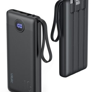 VRURC Batterie Externe Câble intégré 10000mAh Power Bank USB C 5 Sorties Ultra Mince Batterie Portable avec l’Ecran LED pour iPhone Huawei Samsung (Noir)