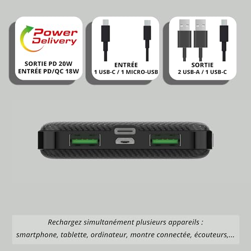 Wonder Full Power - Batterie Externe 10 000 mAh - Power Bank -1 Port USB-A & 1 Port USB-C - Power Delivery 20W - Compatible avec iPhone, Samsung, Huawei, Xiaomi et Autres - Câble Type-C fourni. – Image 4