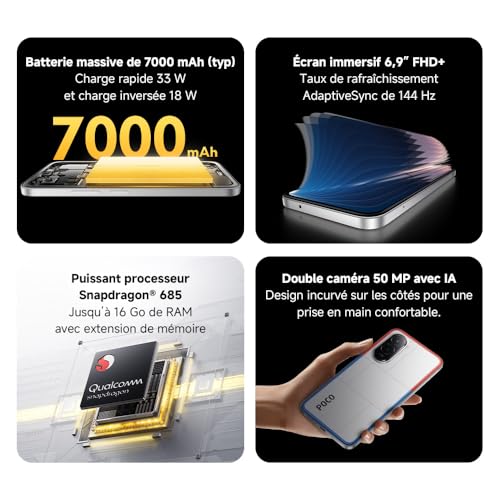 XIAOMI POCO M7, Smartphone 6+128 Go, écran FHD+ 144 Hz de 6,9 Pouces, Snapdragon 685, Double caméra AI 50 MP, 7000 mAh, Bleu, Chargeur Non Inclus (Version Française + 2 Ans de Garantie) – Image 5