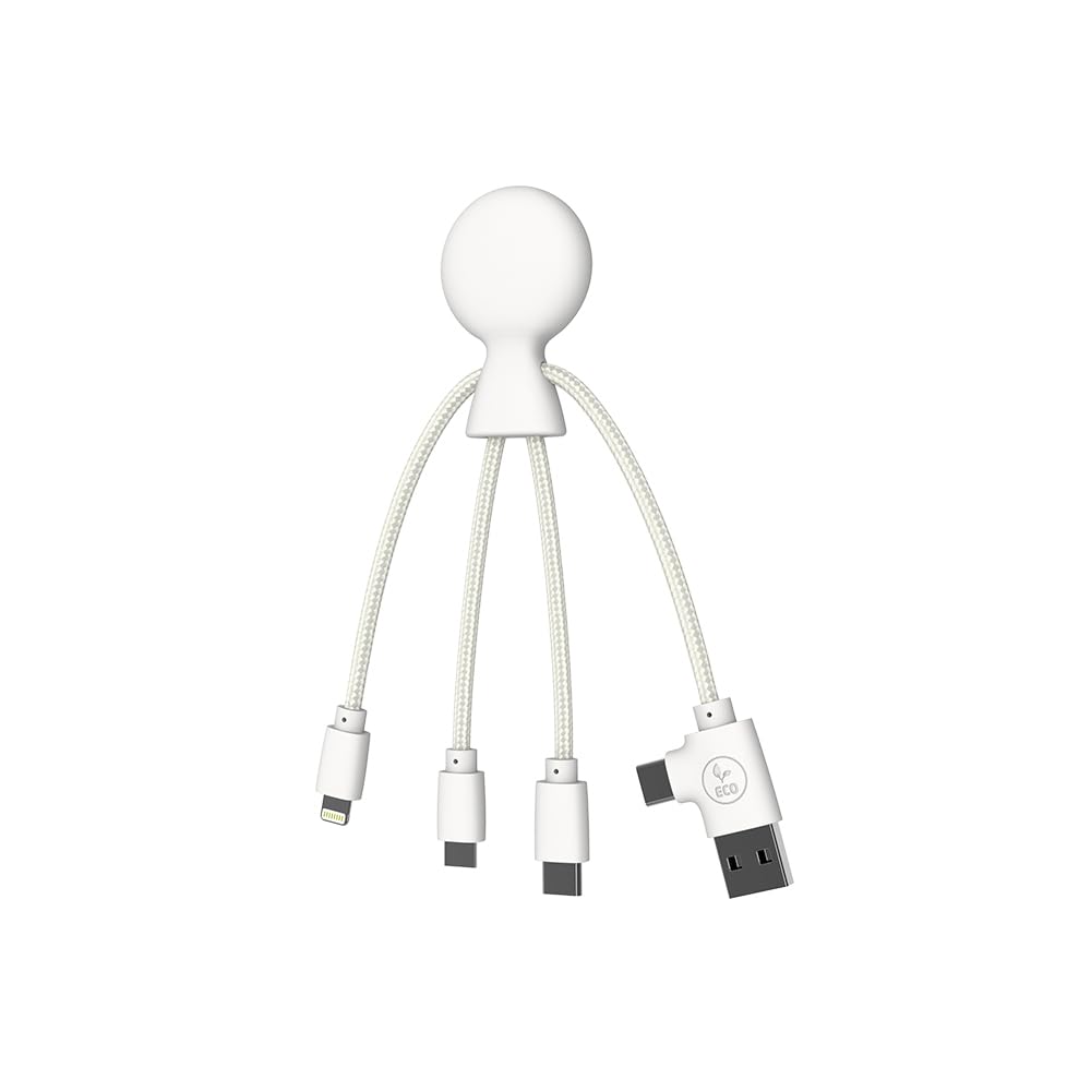 Xoopar Mr Bio Smart Câble Multi 4 en 1 USB-C, Micro USB, Lightning Blanc avec NFC - Chargeur Universel pour Smartphone Apple iPhone Samsung Google Huawei Xiaomi LG Kindle