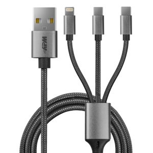 apm Câble de Charge 3 EN 1, Charge Simultanée & Rapide 3A, USB vers Lightning/USB-C/Micro-USB, Longueur 1 Mètre, Compatible avec iPhone 15 14 Samsung S23 PC Portable Tablette, 570316