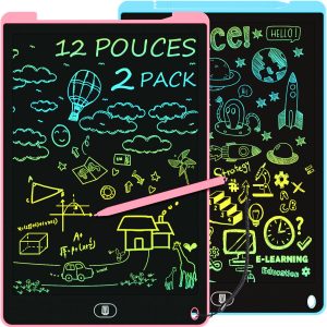 2 Pack Tablette Dessin Enfants 12 Pouces, Electight Tablette d'écriture LCD Colorée, Tablettes Graphiques avec Bouton D'effacement &Verrouillage, Jouets pour Filles Garçons Bleu+Rose